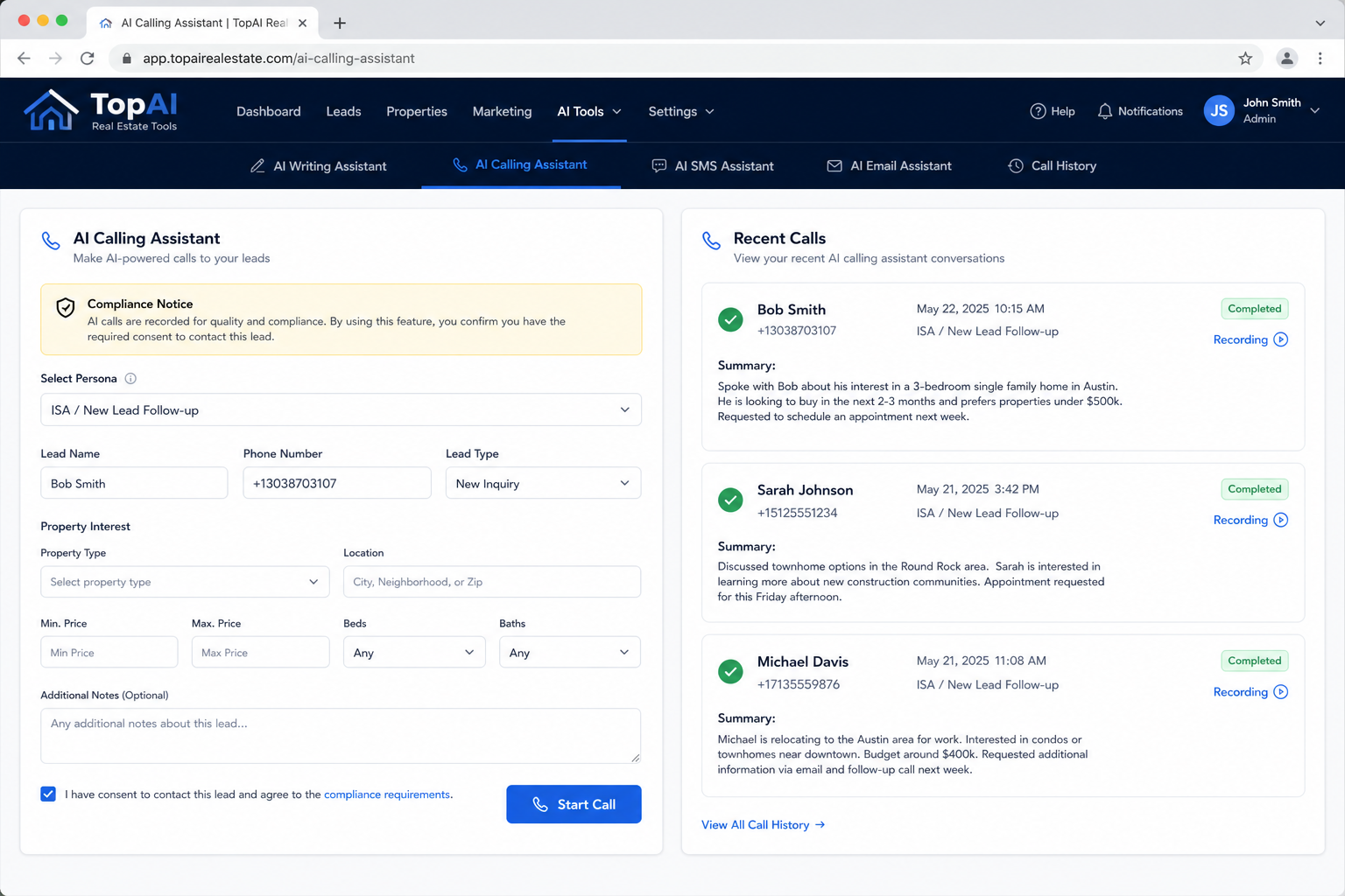 Screenshot of AI Calling Assistant setup and recent call history with summaries