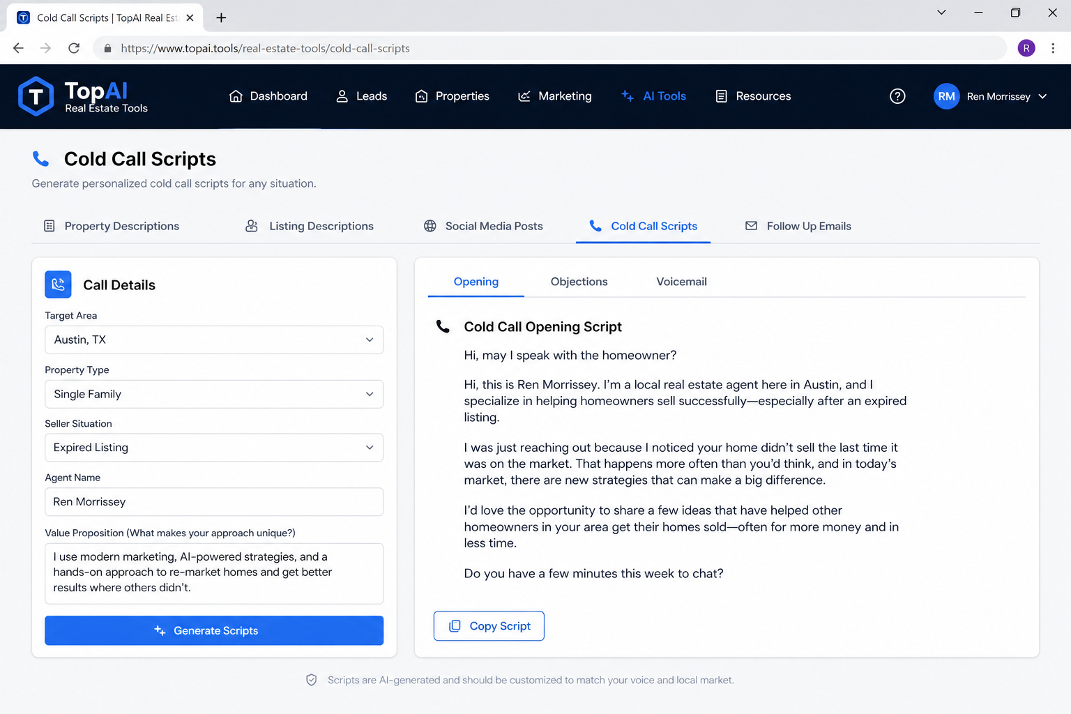 Screenshot of cold call script generator with opening script output