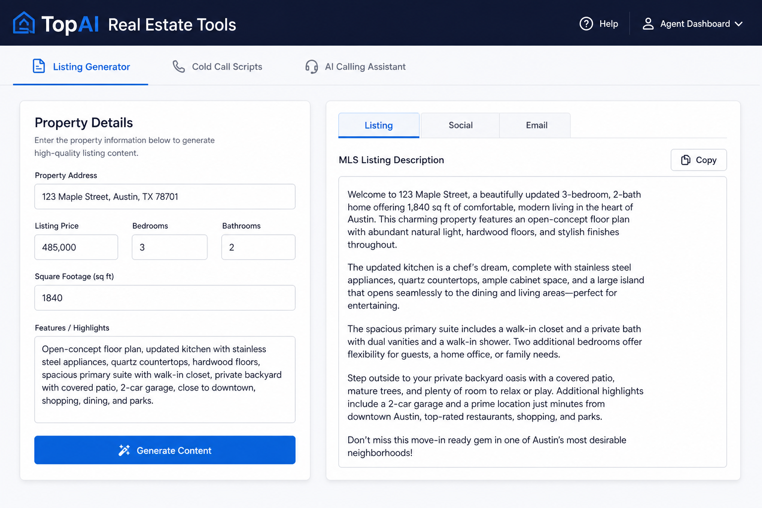 Screenshot of listing generator producing AI listing copy from property details