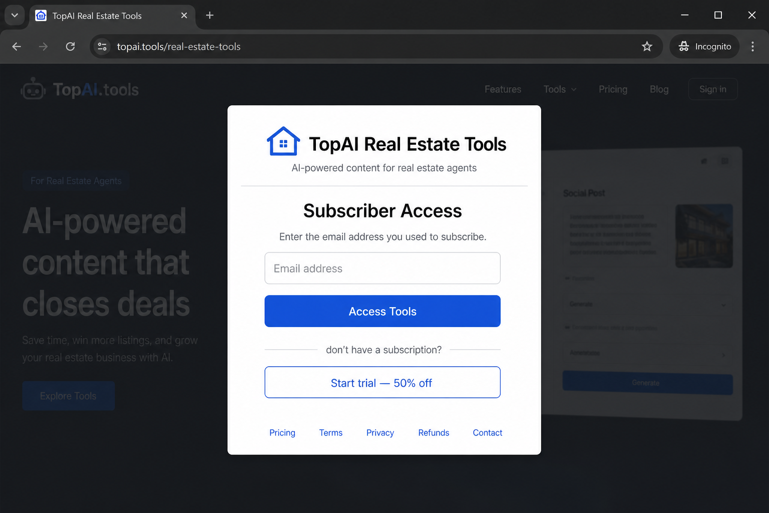 Screenshot of the TopAI Real Estate Tools subscriber access screen asking for email verification